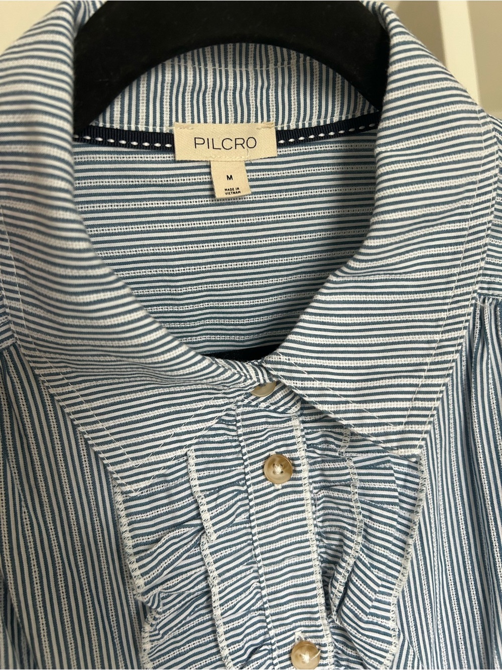 Anthropologie Pilcro Blue Striped Ruffle-Trim Button Front Shirt Top Blouse - Picture 3 of 12